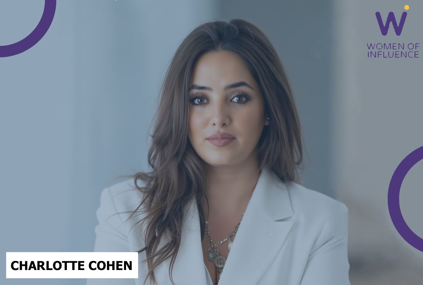 Portrait of Charlotte Cohen with WoI logo in the upper right corner.