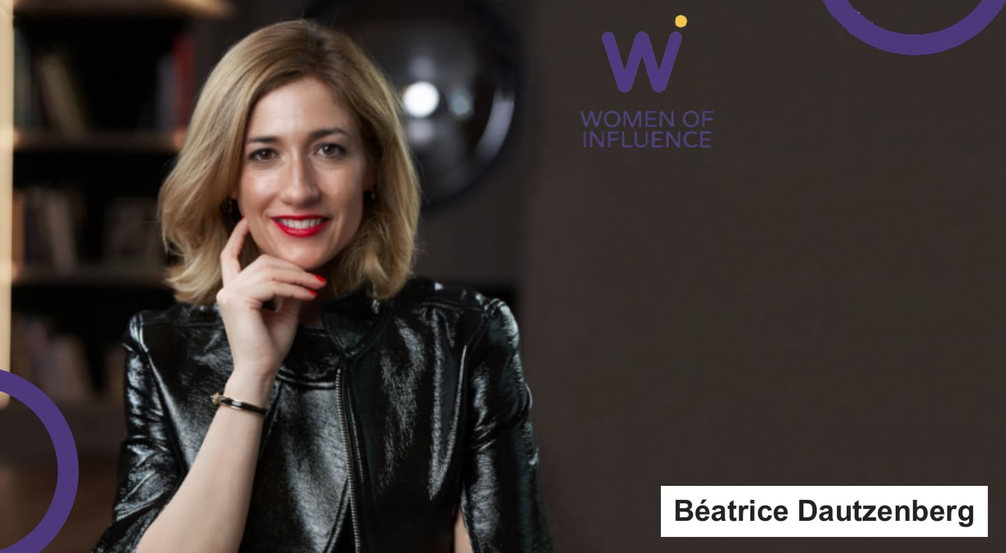Portrait de Béatrice Dautzenberg avec logo de WoI en haut à gauche.