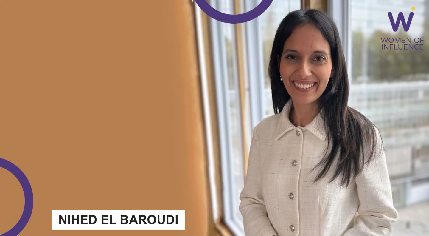 Portrait of Nihed El Baroudi with the logo in the top right.